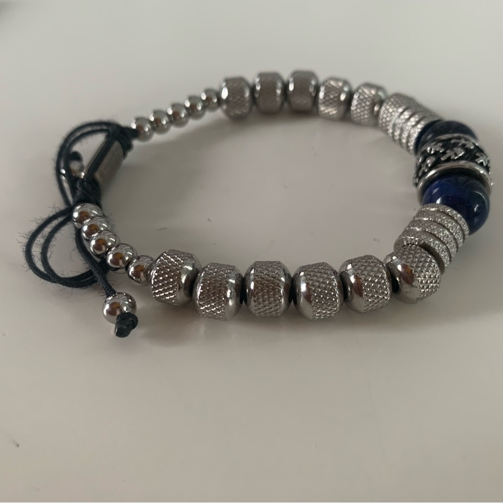 Silver Beaded Bracelet with Blue Accents